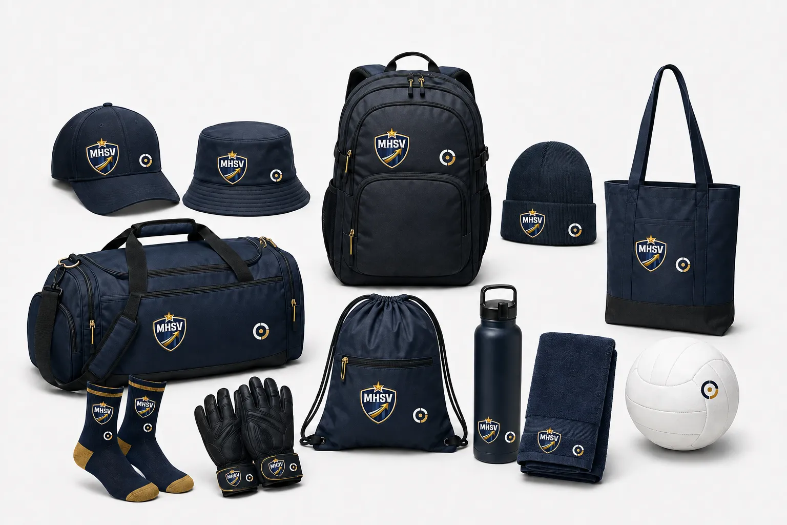 Planche Accessoires : sacs, casquettes, bonnet, gourde, serviette et chaussettes MHSV®.