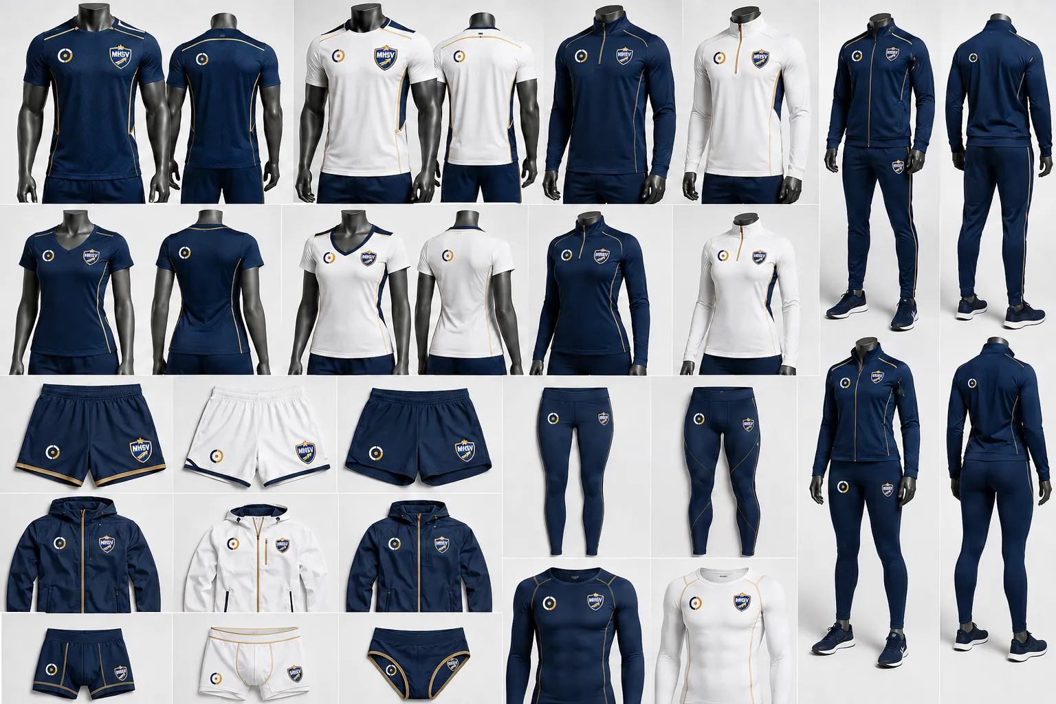 Planche Performance : maillots, survêtements et tenues d’entraînement MHSV®, blason et marque Focus.